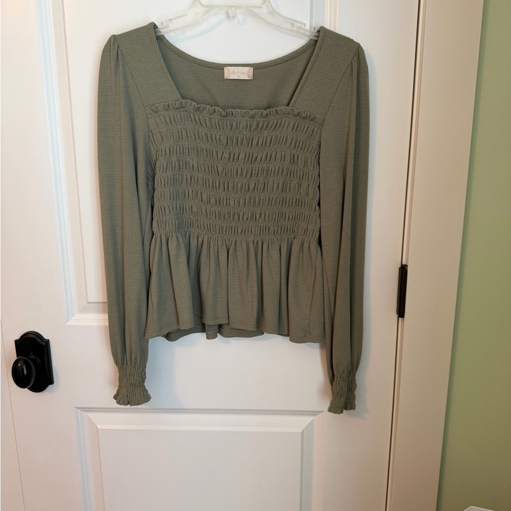 Altar’d State Women's knit Olive Green Smocked Top
